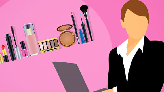 Cartoon woman, shopping for makeup online